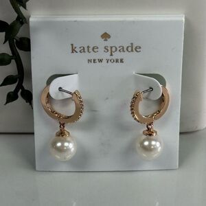 New Kate Spade Rose Gold Pearl Crystal Huggie Earrings